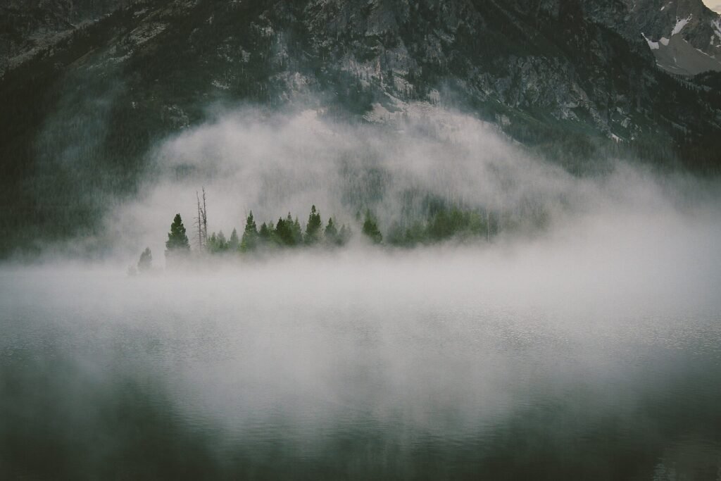 Nebel liegt über einem Bergsee, mit dunklen Fichten am Ufer.